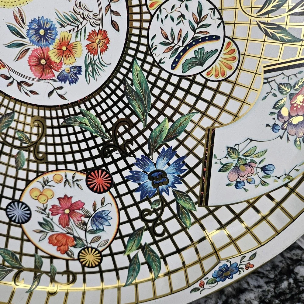 Vintage Daher Round Tray Lattice Floral Made‎ in England